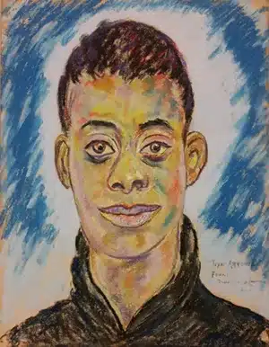 A pastel on paper portrait of writer James Baldwin created by the artist Beauford Delaney
