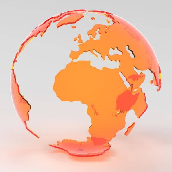 A graphic of a globe with the continents colored orange