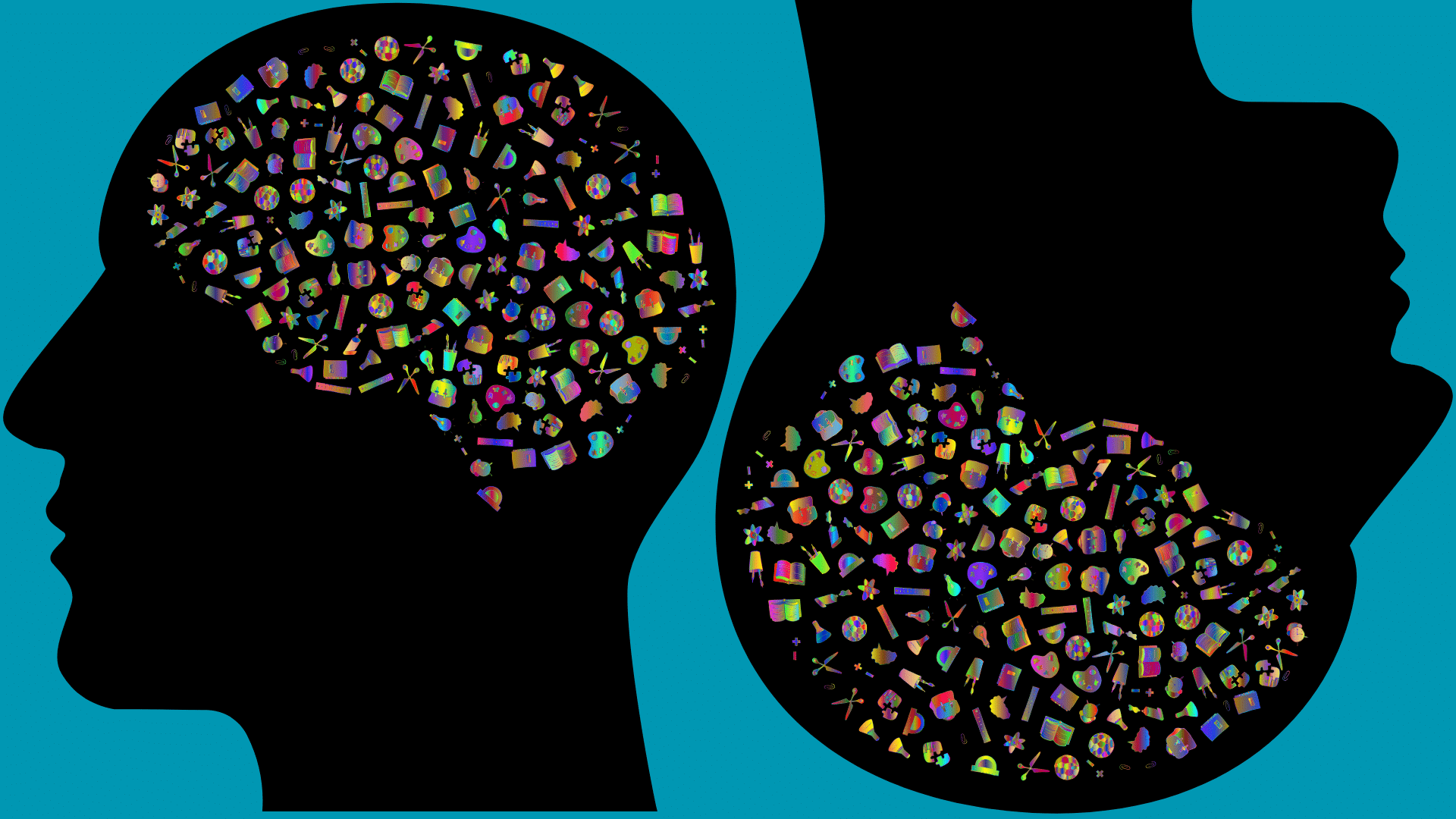 arts-related icons making the shape of a brain in a human head silhouette