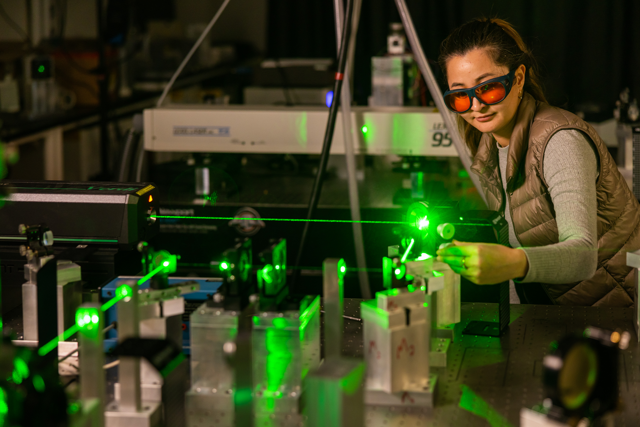 Research photo created of the Brillouin scattering spectroscopy with a green laser in the Light Scattering Laboratory 