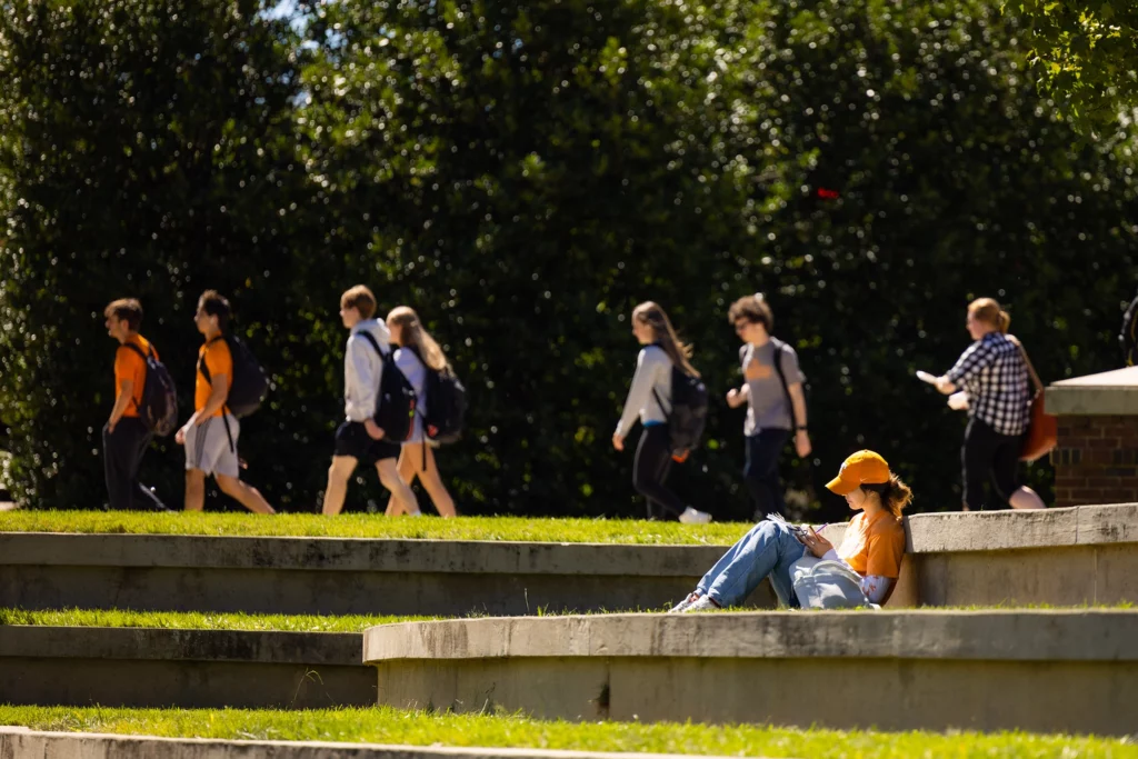 A female student in an orange hat studying outside