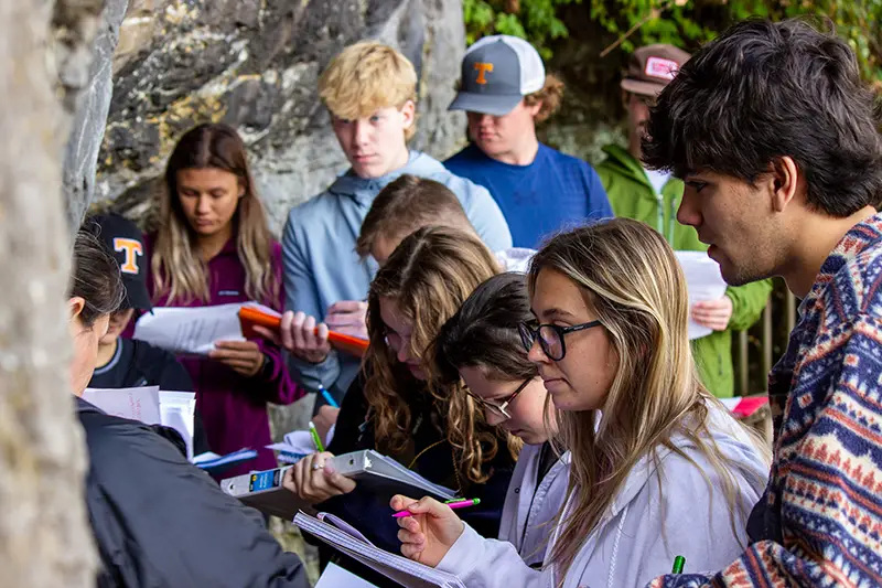 A group of students taking notes while on a nature hike at the Ijams nature area in fall 2022.