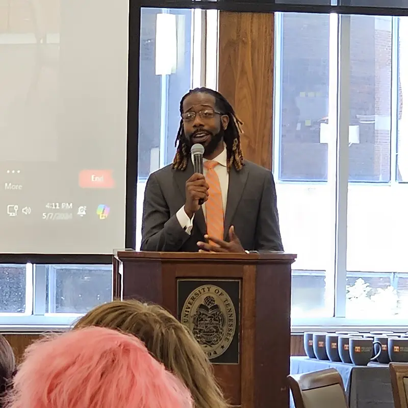 The Reverend Larry Sykes Jr. (’09) speaks at the Department of Religious Studies spring 2024 Graduation and Awards Ceremony, where he received the Charles H. Reynolds Distinguished Alumnus Award.