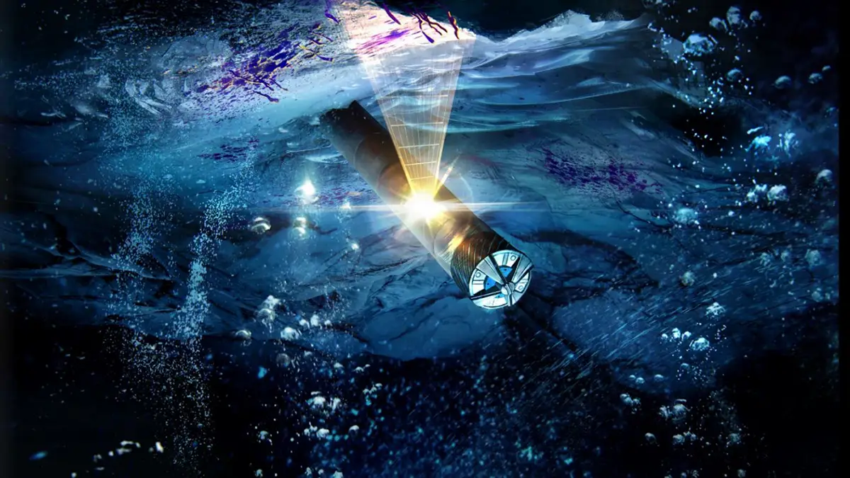 Illustration of an ice diver going beneath the surface to collect samples