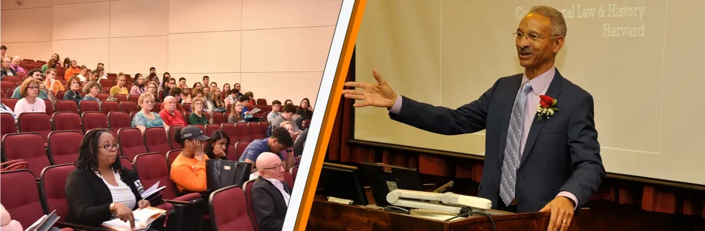 On the left: a photo of an audience listening to a lecture. On the right: a speaker gesturing during his lecture