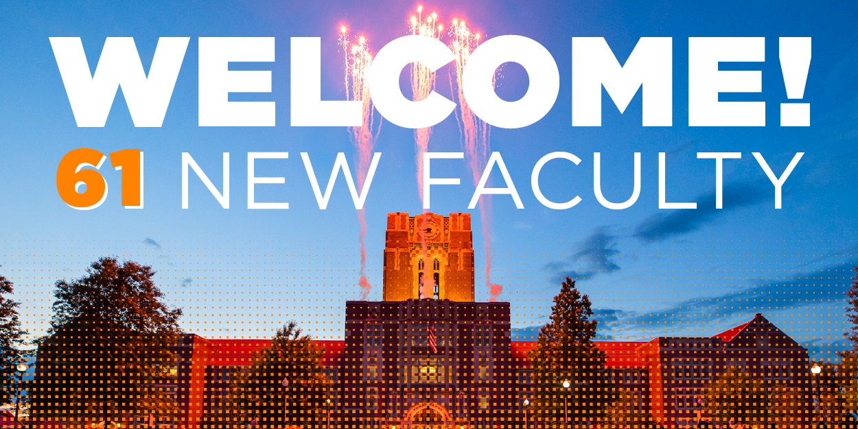 A graphic of Ayres Hall that reads "Welcome 61 New Faculty"