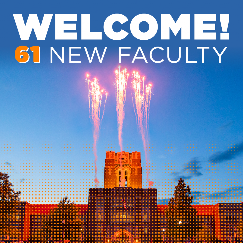 A graphic of Ayres Hall that reads "Welcome 61 New Faculty"