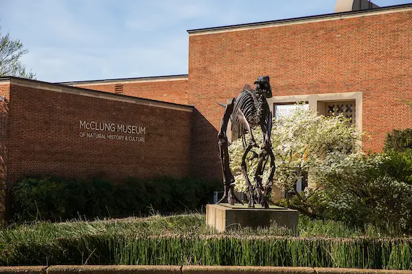 Exterior photo of McClung Museum with Edmontosaurus on April 11, 2019.