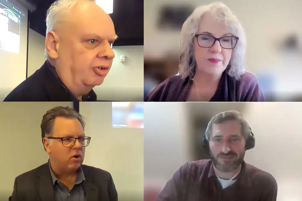 (top left) Professor Martin Griffin, (top right) Professor Erin Carlston, (bottom right) Professor Vejas Liulevicius, and (bottom left) Associate Professor Victor Petrov.